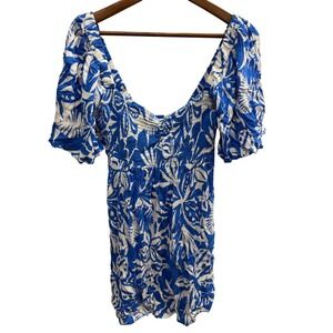 Roxy Mini Dress Womens Small Blue White Tropical Smocked Puff Sleeve Excellent